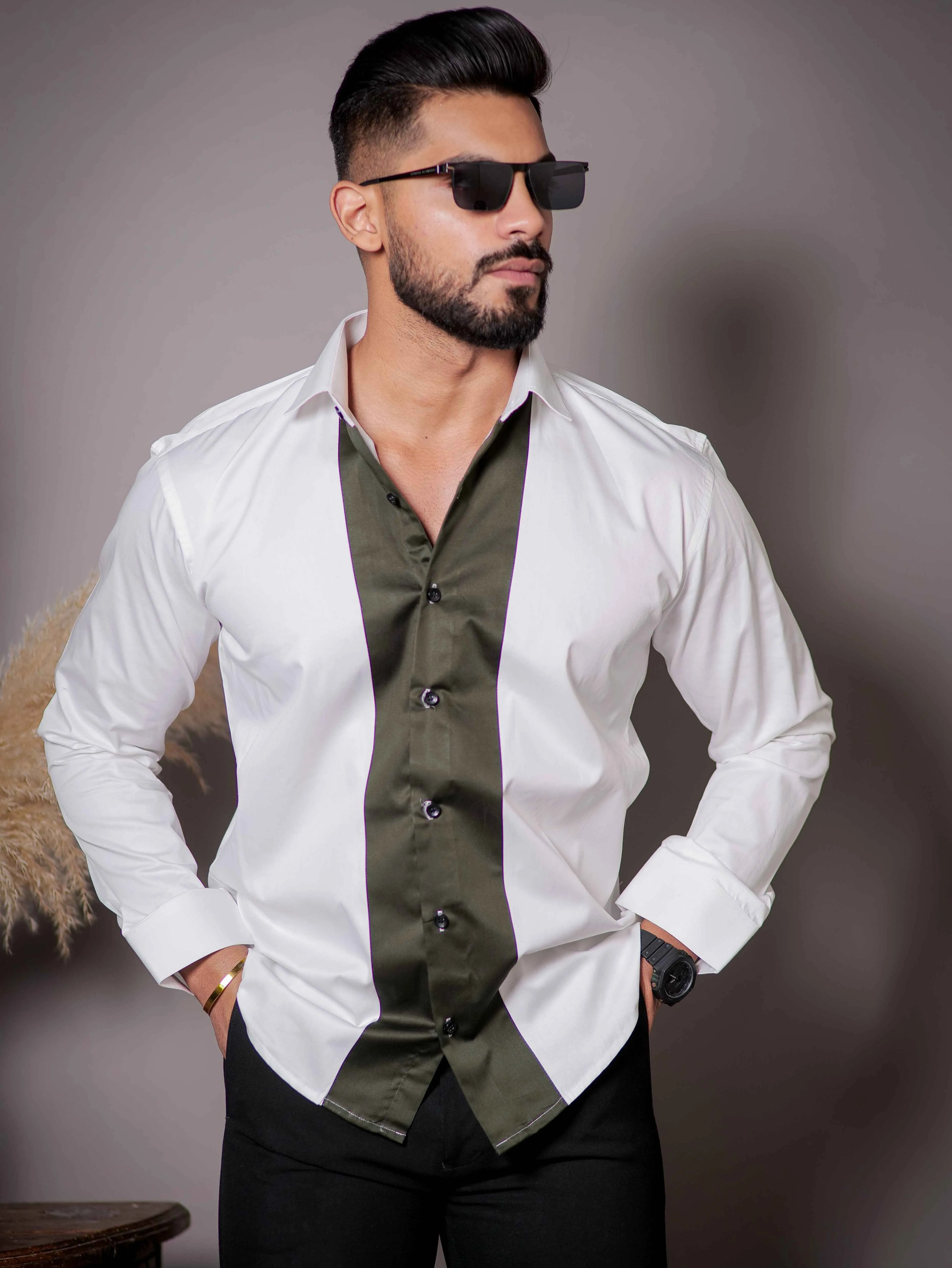 White And Green Designer Satin Cotton Shirt