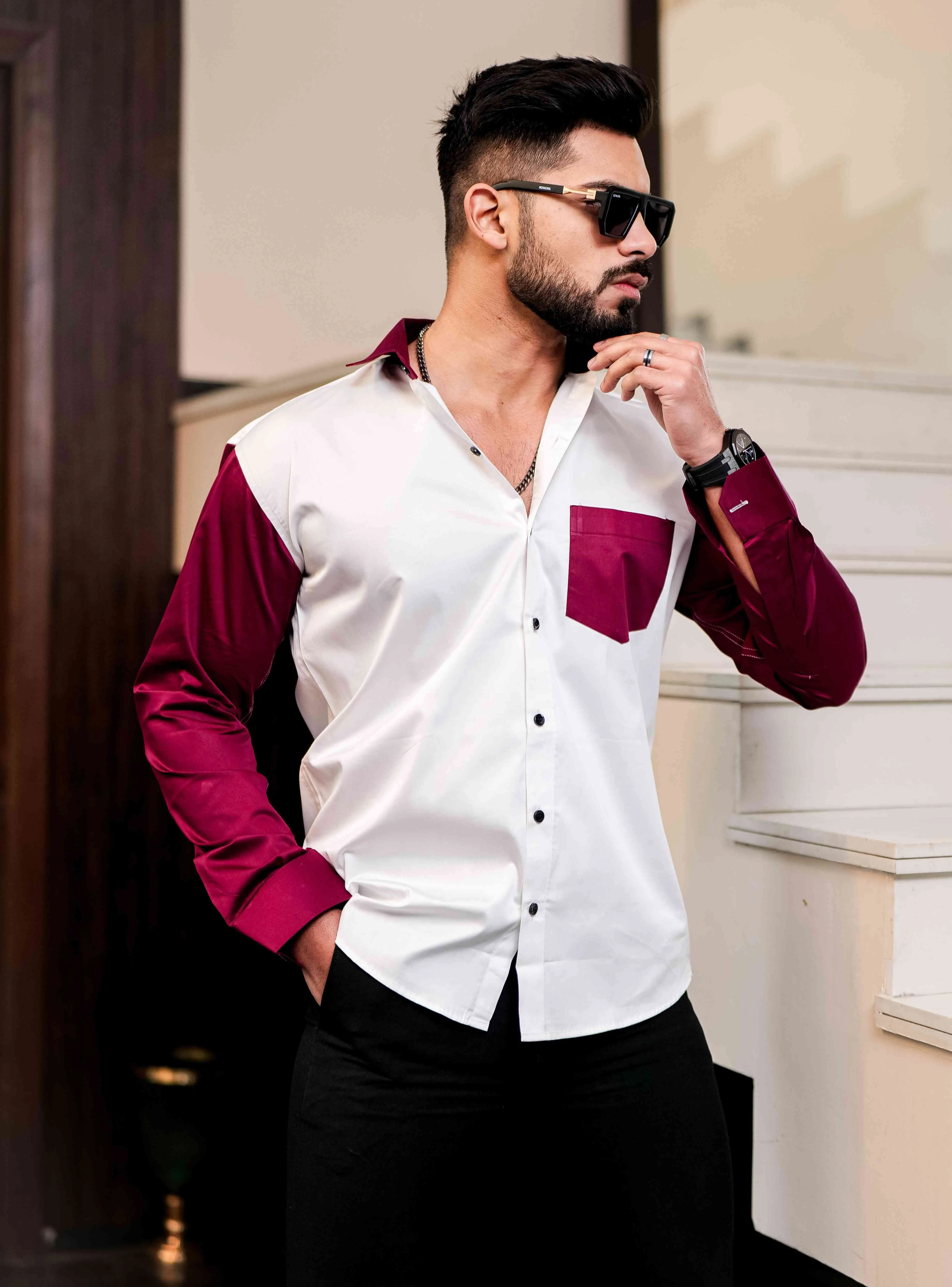 White And MAroon Satin Cotton Cut N Sew Designer Shirt