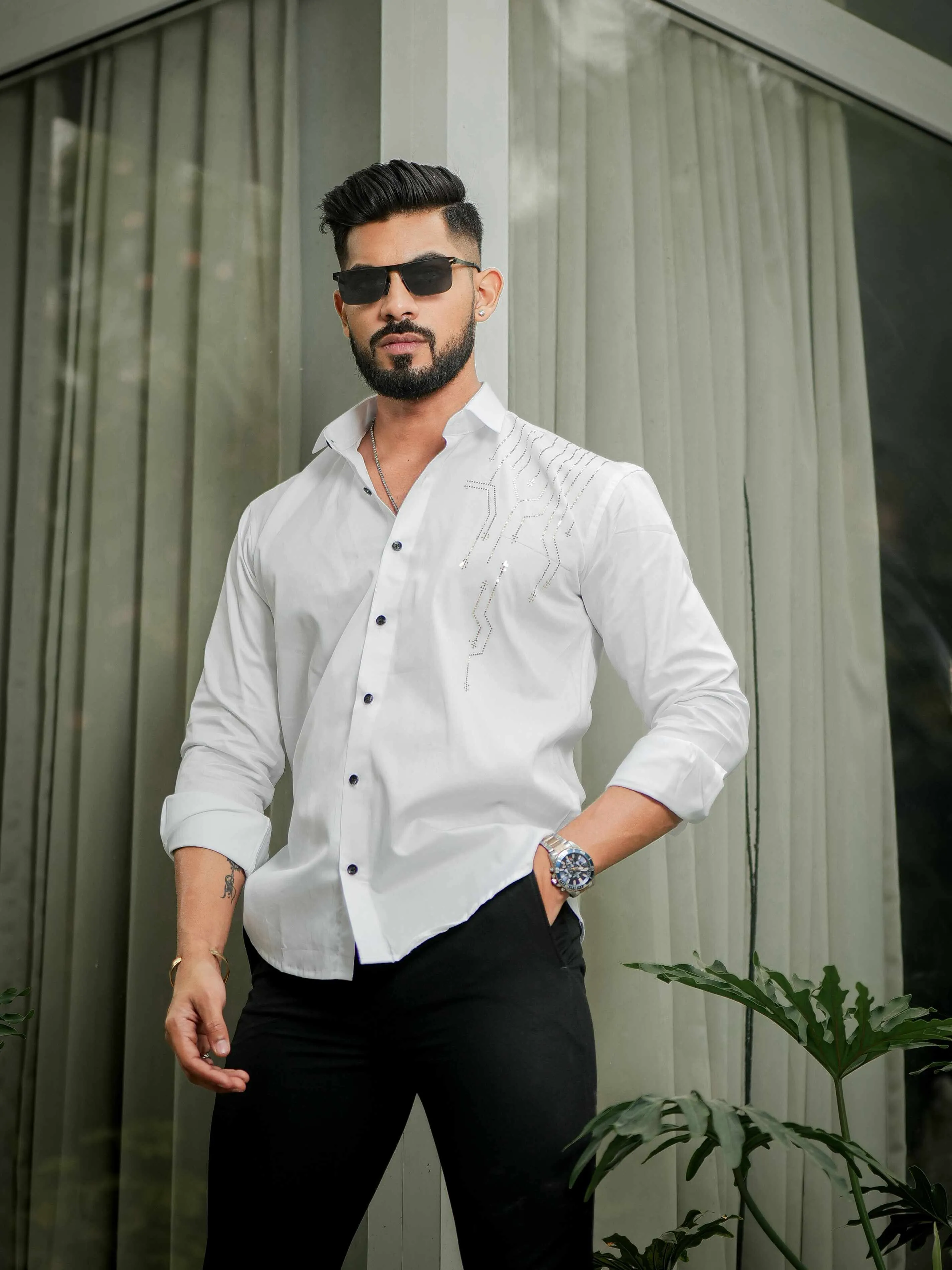 White Club Wear Satin Cotton Party Shirt