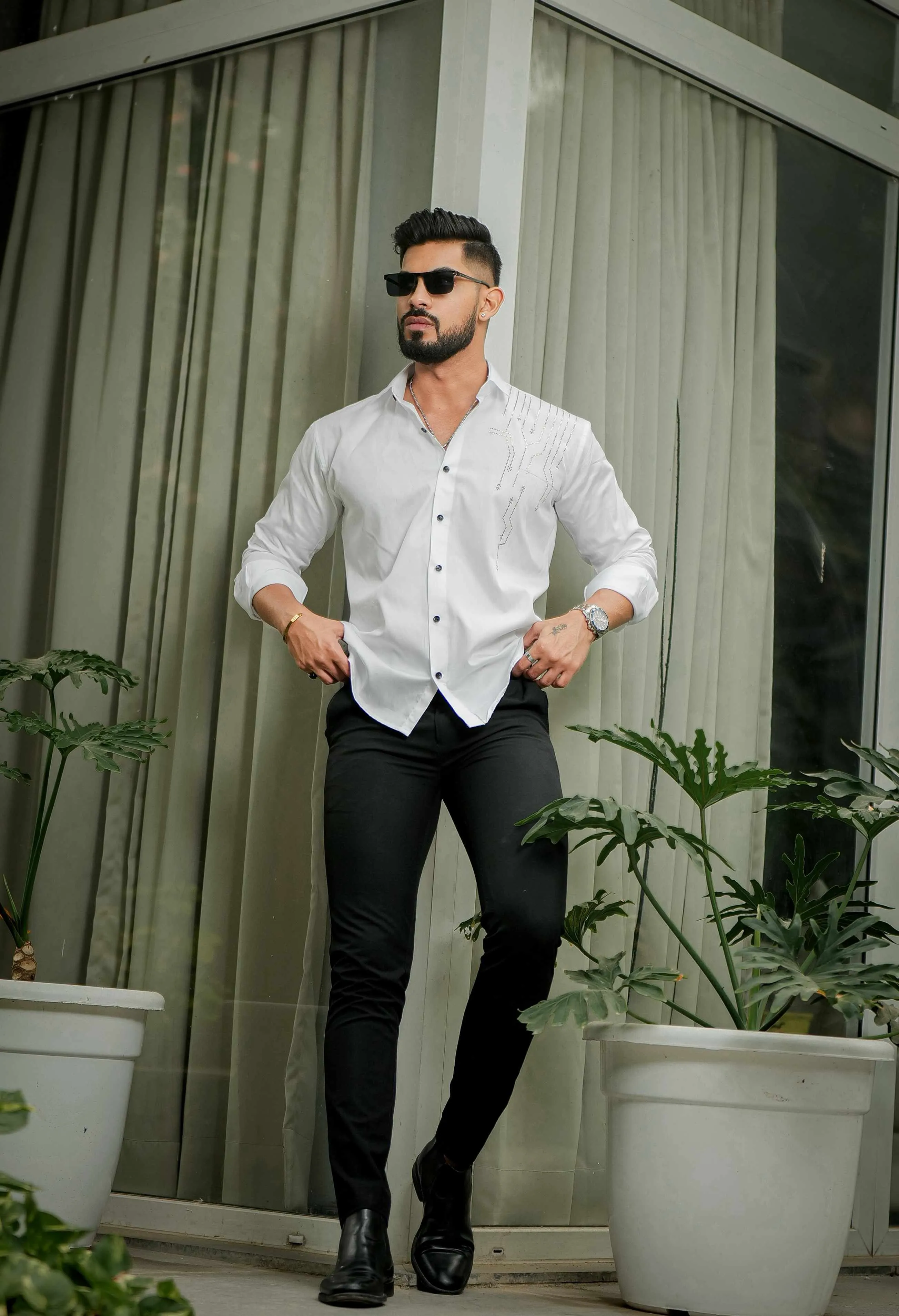 White Club Wear Satin Cotton Party Shirt