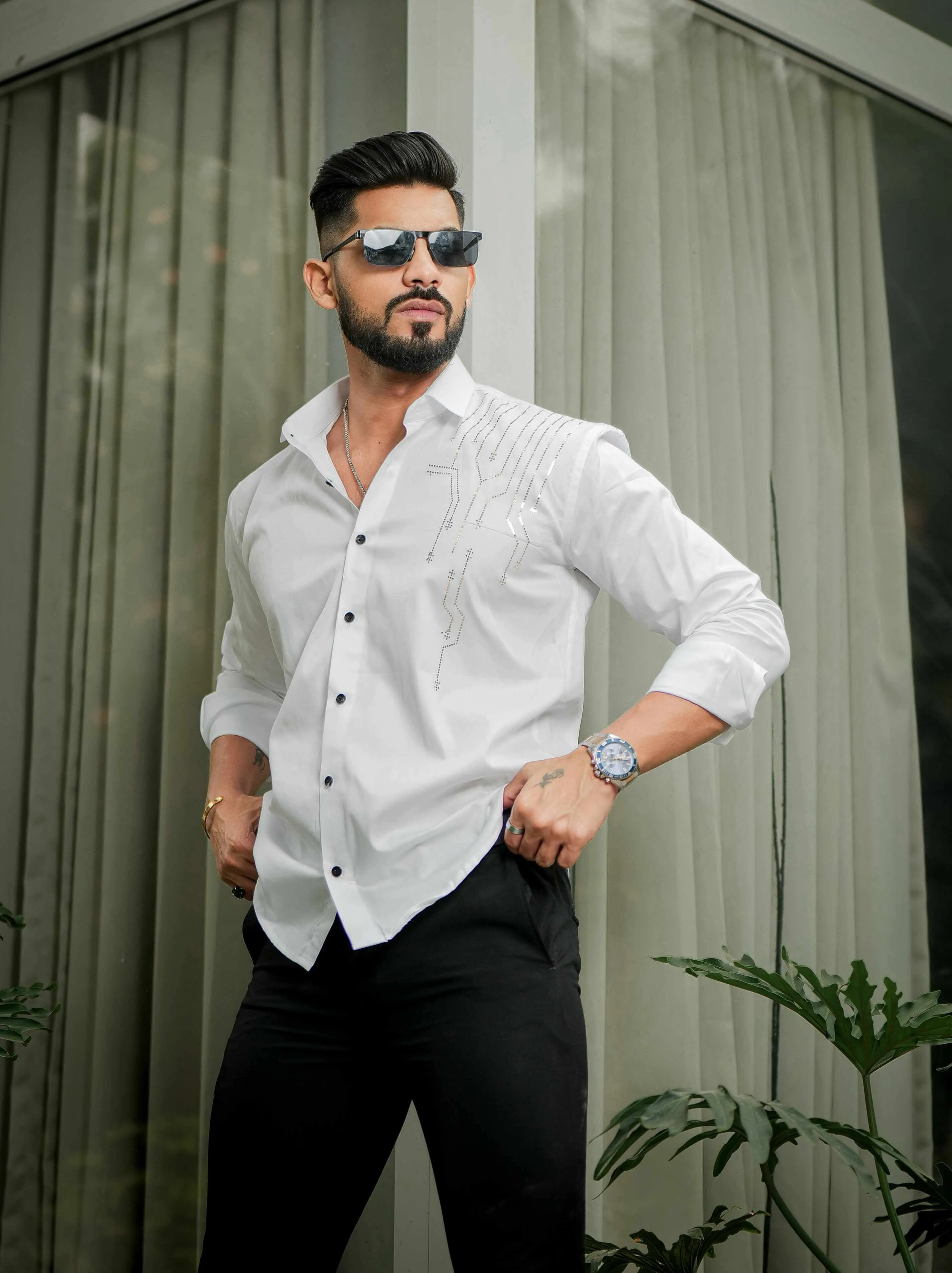 White Club Wear Satin Cotton Party Shirt