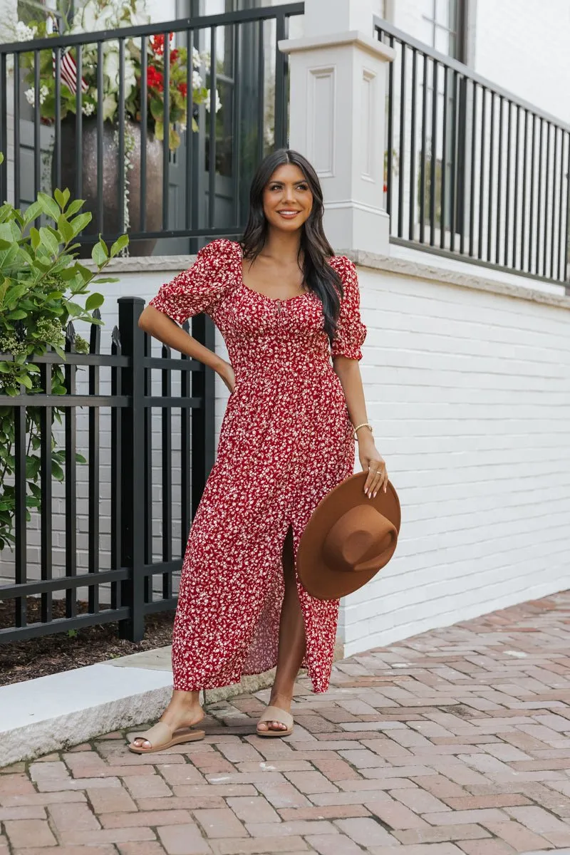 Wine Floral Print Smocked Maxi Dress - FINAL SALE