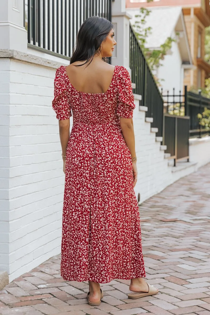 Wine Floral Print Smocked Maxi Dress - FINAL SALE