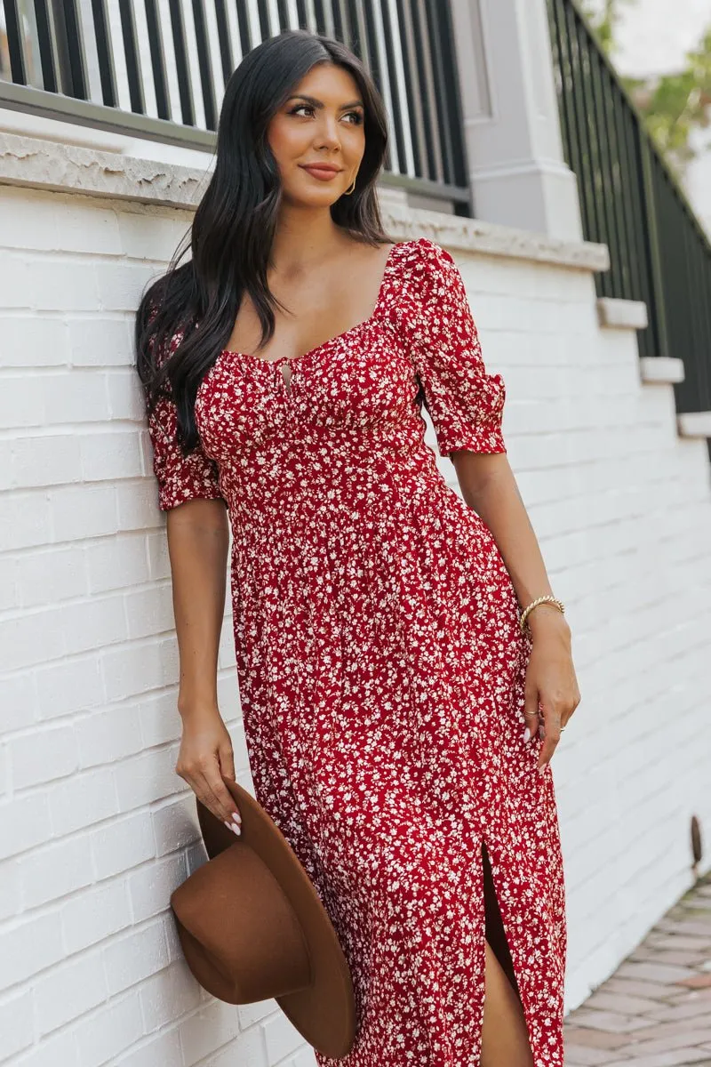 Wine Floral Print Smocked Maxi Dress - FINAL SALE