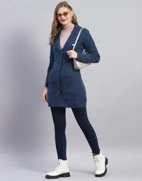 Women Blue Solid Lapel Collar Full Sleeve Cardigan