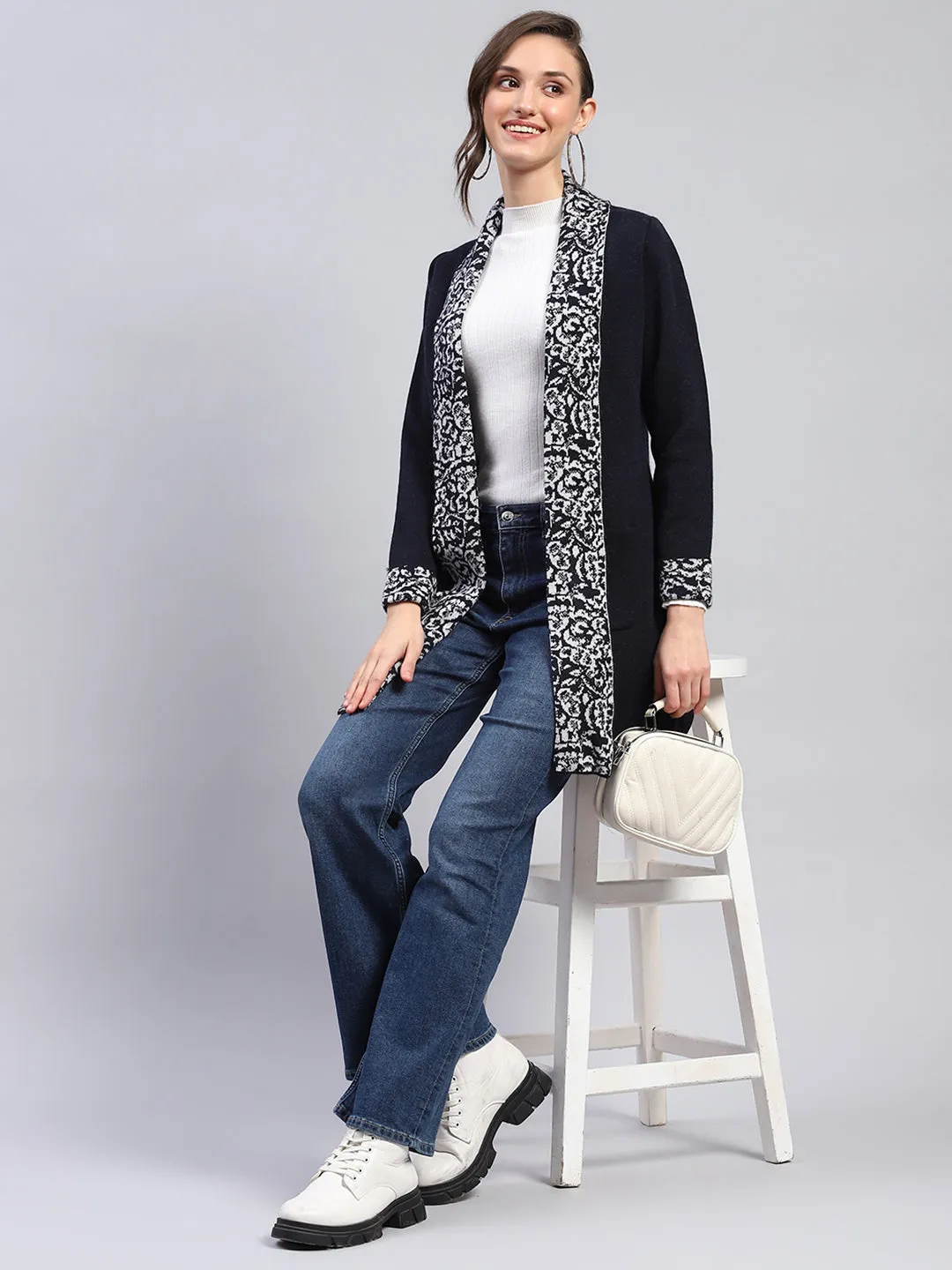 Women Navy Blue Printed Notch Lapel Collar Full Sleeve Cardigan