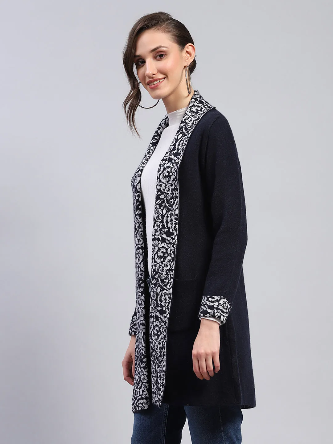 Women Navy Blue Printed Notch Lapel Collar Full Sleeve Cardigan