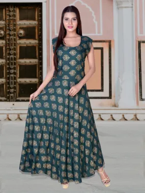 Women Rayon Green Gold Maxi Long Dress Gown