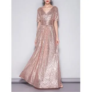 Women Sequin Covered Short Sleeve Evening Dress - C10522