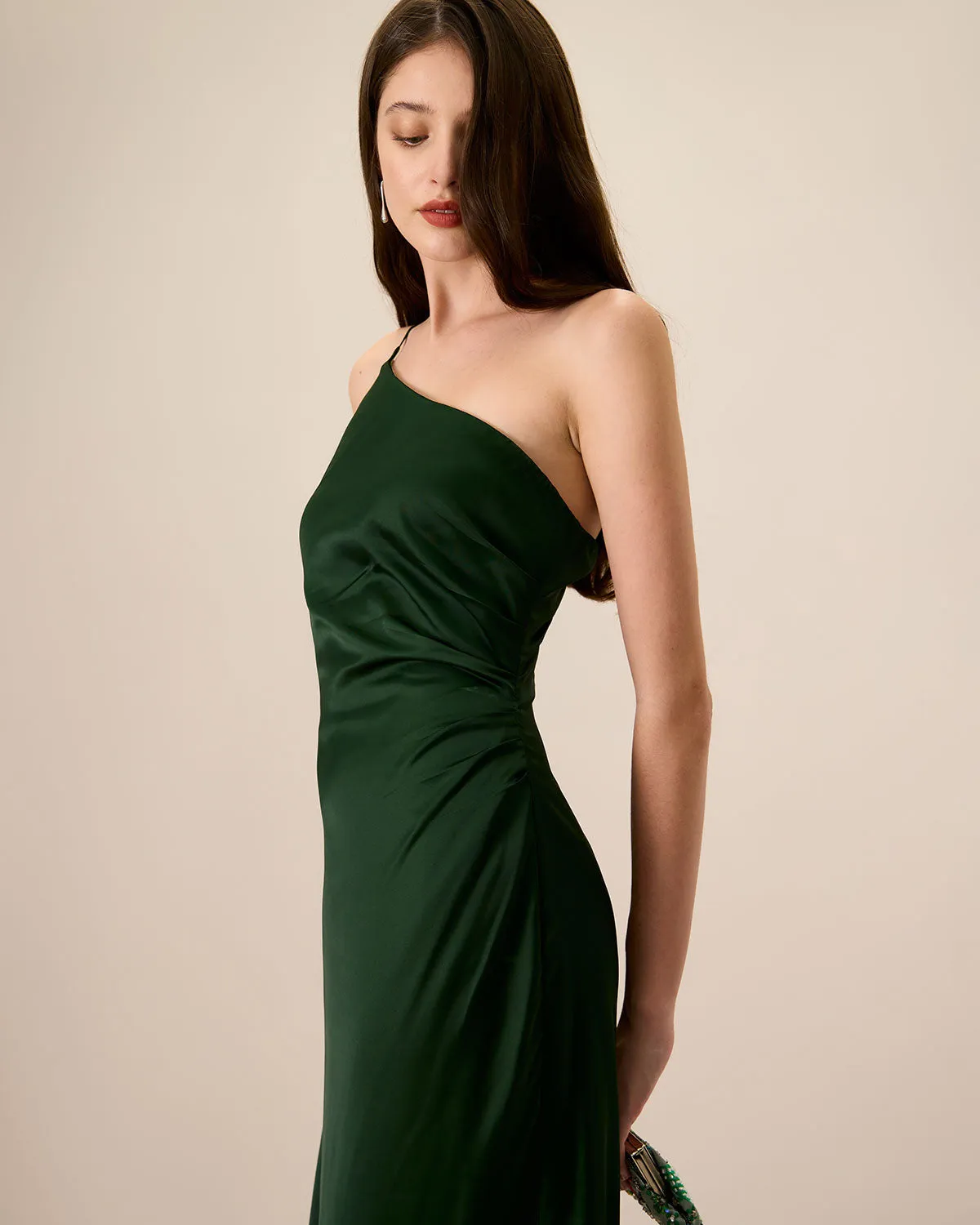 Women's Green One-shoulder Satin Maxi Dress