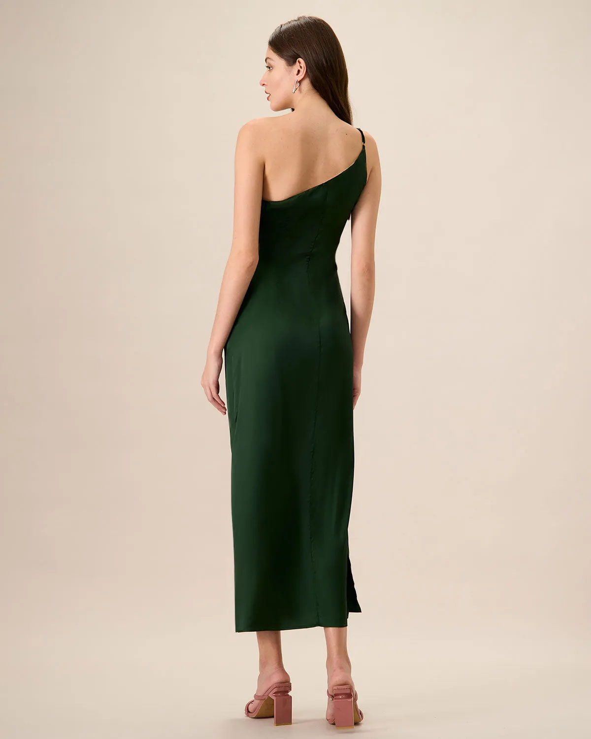 Women's Green One-shoulder Satin Maxi Dress