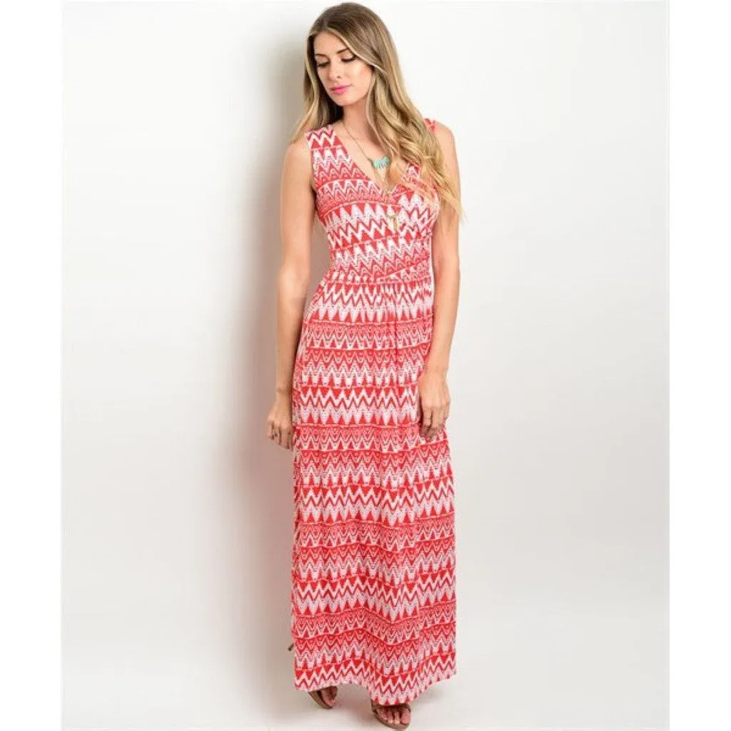 Women's Maxi Dress Red Sleeveless Long Printed Dress