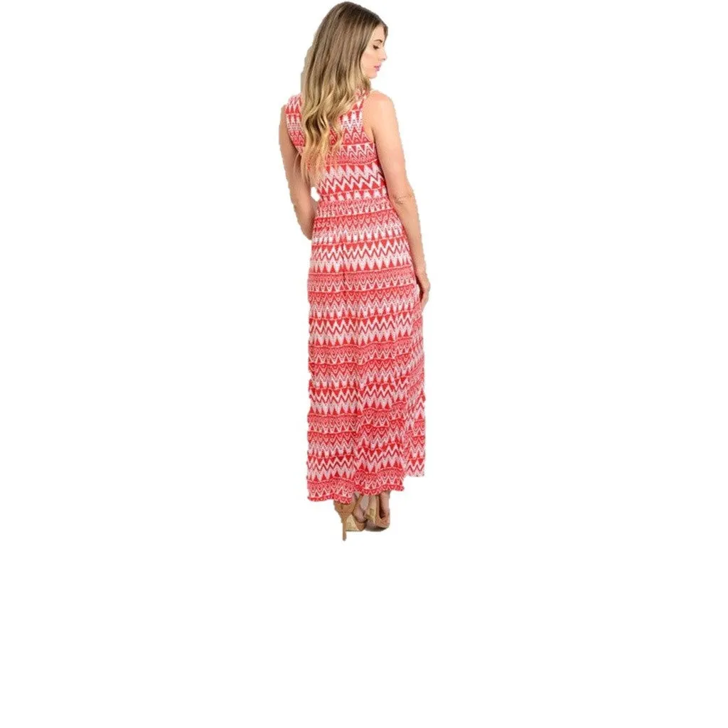 Women's Maxi Dress Red Sleeveless Long Printed Dress