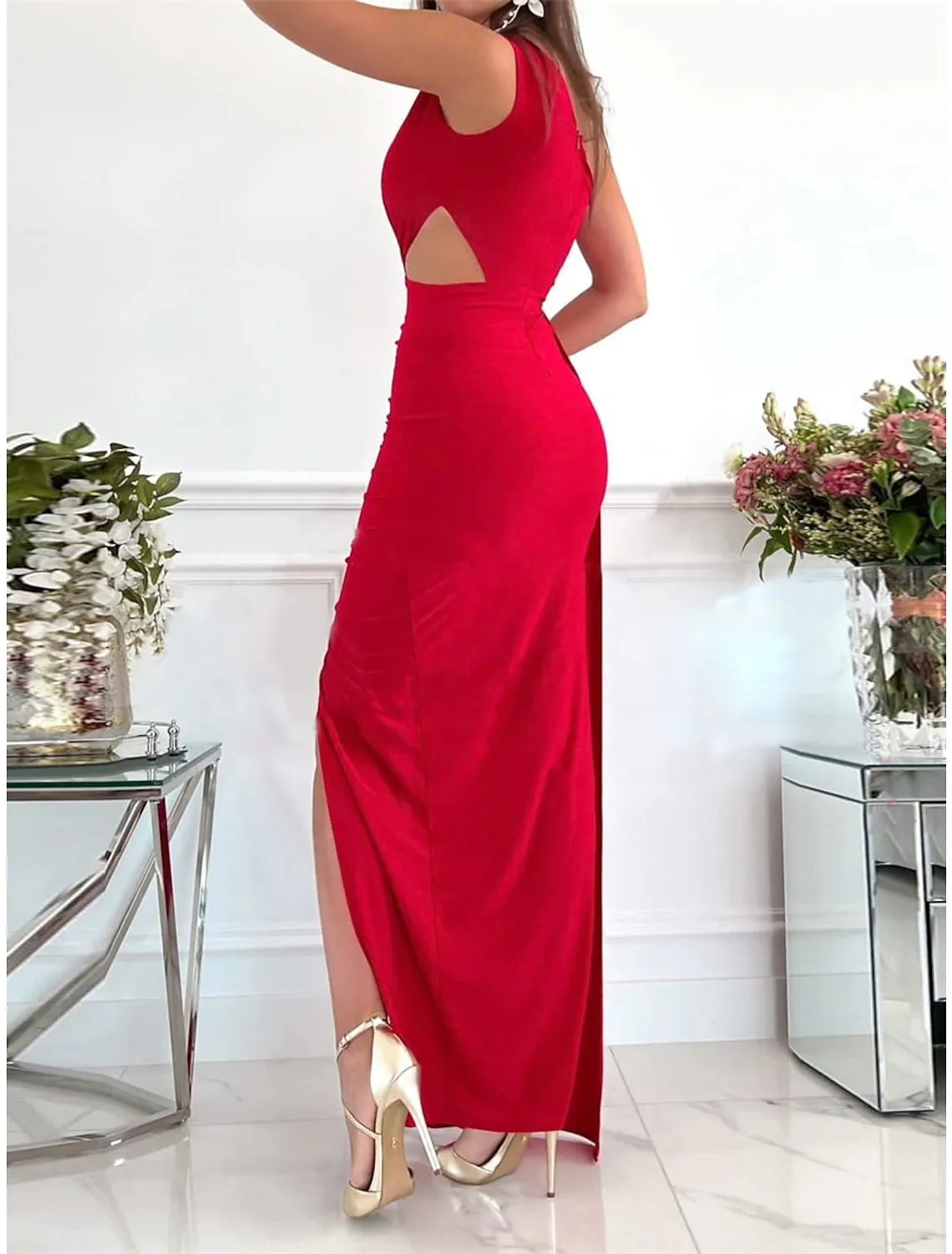 Women‘s Prom Dress Wedding Guest Party Dress Homecoming Dress Formal Dress Long Dress Maxi Dress Pink Red Green Sleeveless Pure Color Backless Summer Spring Fall One Shoulder Party Evening