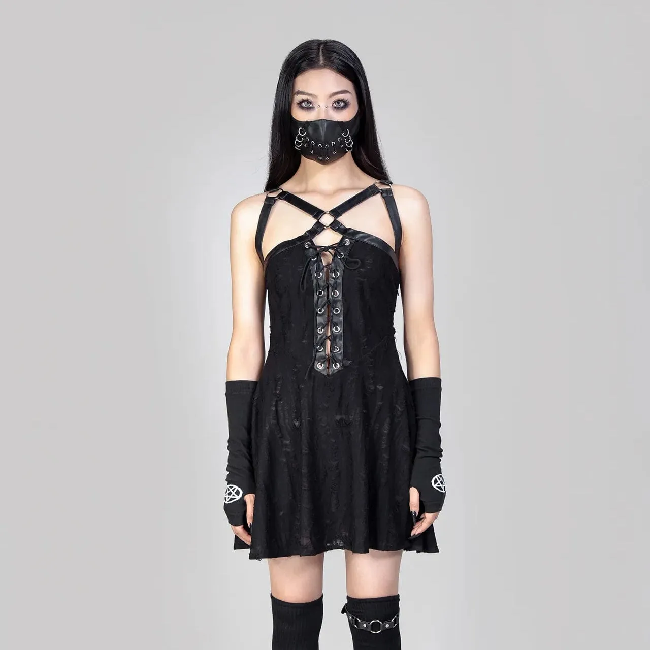 Women's Punk Strap Ripped Lace-up Slip Dress