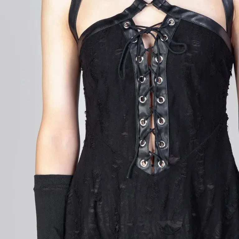 Women's Punk Strap Ripped Lace-up Slip Dress