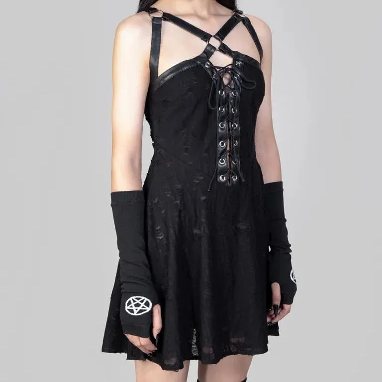 Women's Punk Strap Ripped Lace-up Slip Dress