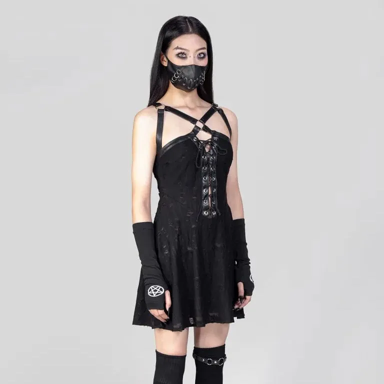 Women's Punk Strap Ripped Lace-up Slip Dress