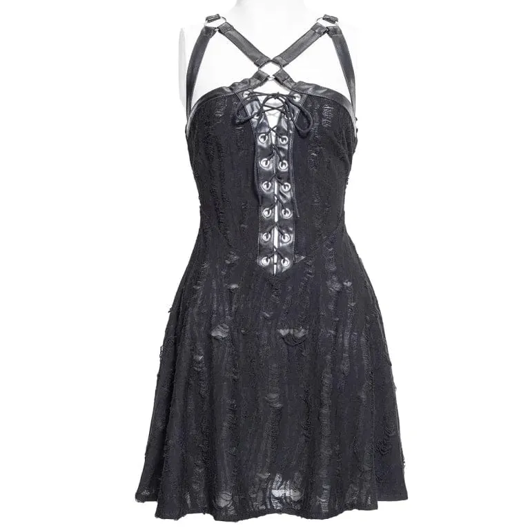 Women's Punk Strap Ripped Lace-up Slip Dress