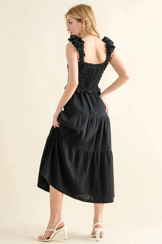 Women's Ruched Strapped Smocked Midi Dress (Available in Black & Camellia)