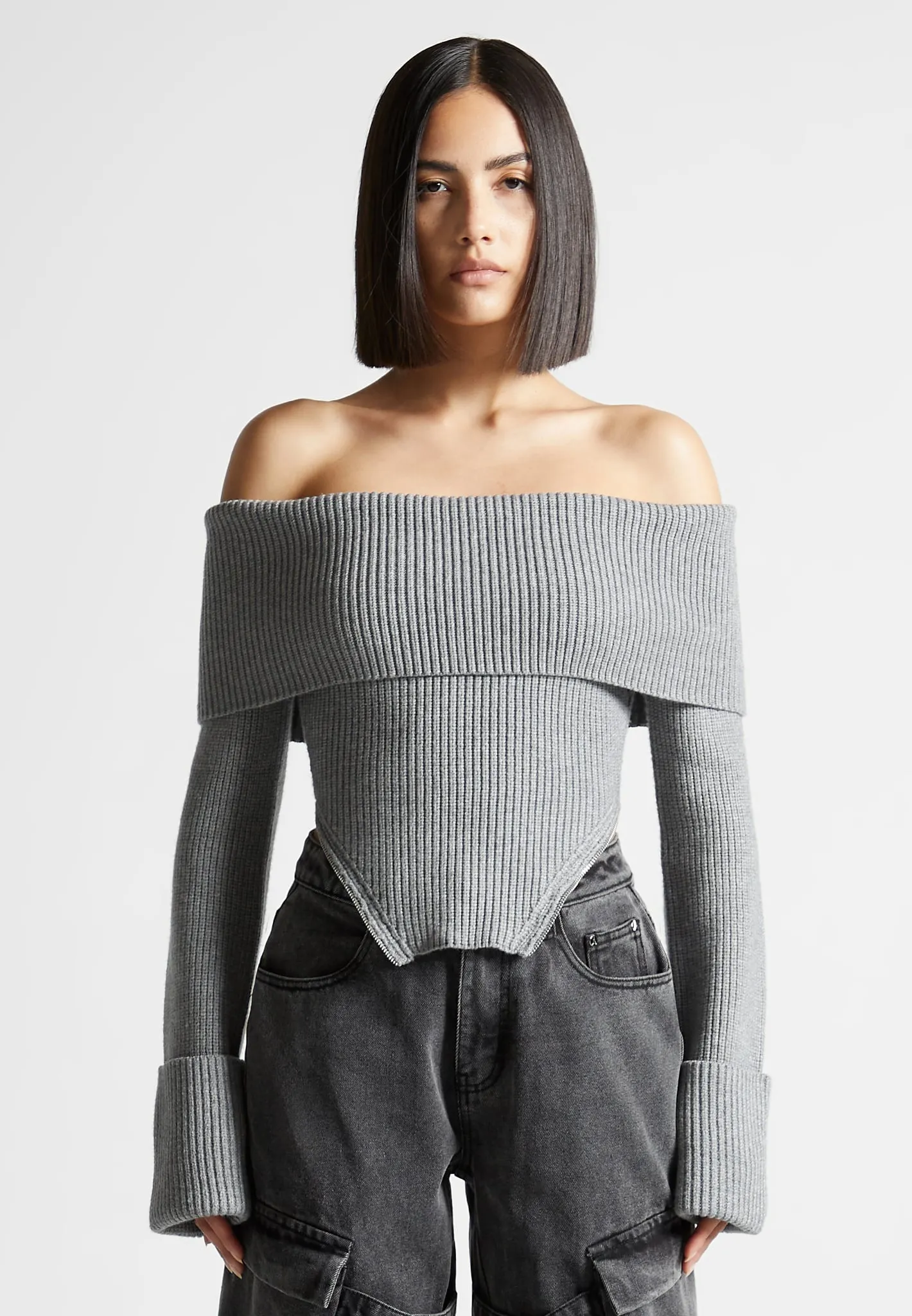 Zip Detail Knit Bandeau Top - Grey